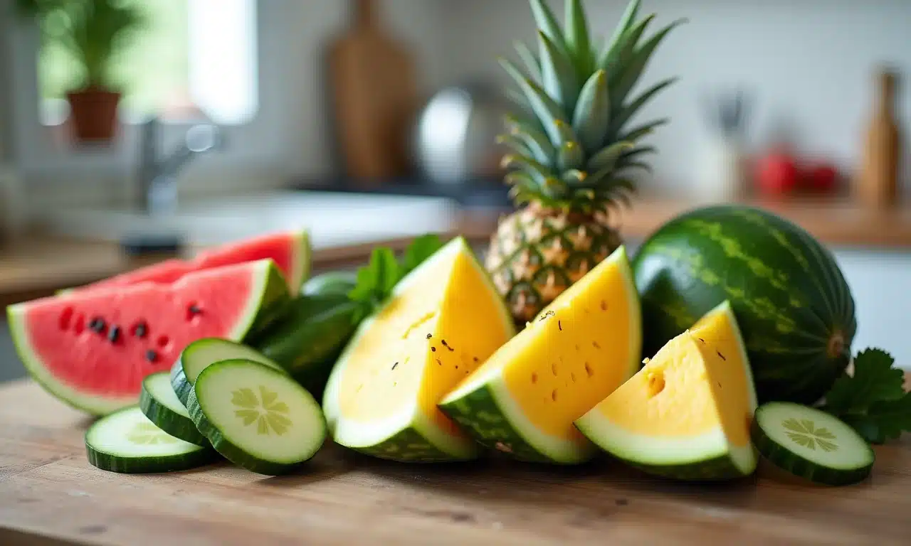 Alimentos diuréticos como melancia, pepino e abacaxi.