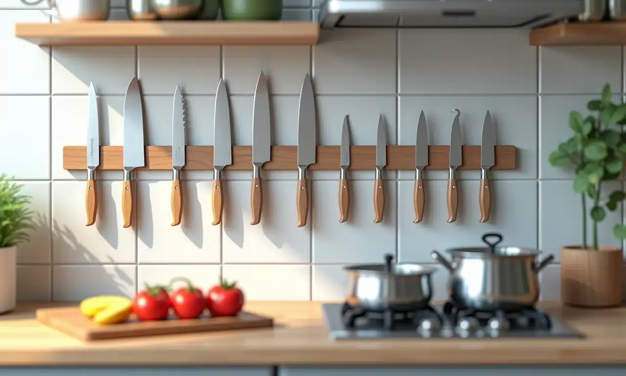 Barra magnética para facas em cozinha pequena, segurança e estilo.