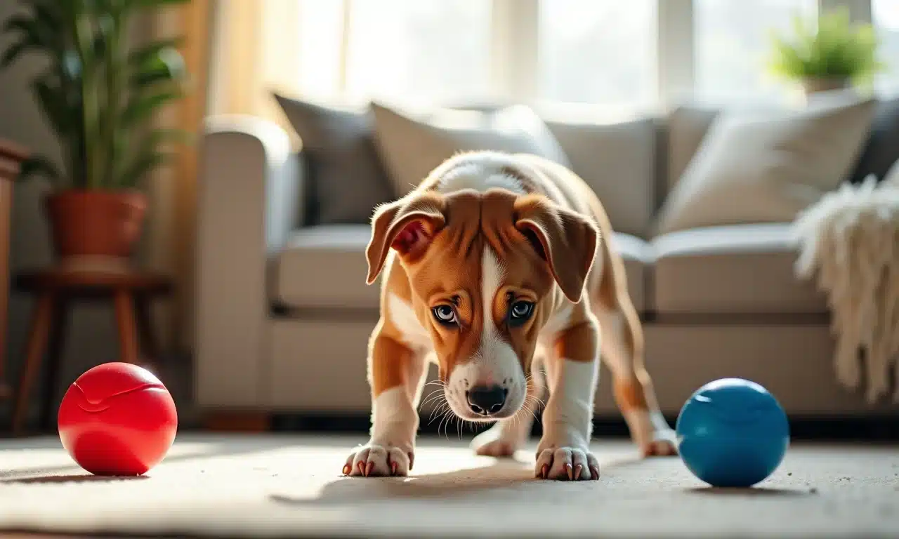 Cachorro olhando para brinquedos coloridos, considerando as diferenças em sua visão.