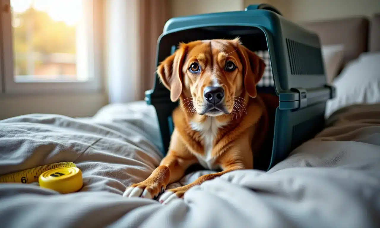 Caixa de transporte para cachorro aprovada para viagens aéreas com cama confortável dentro.