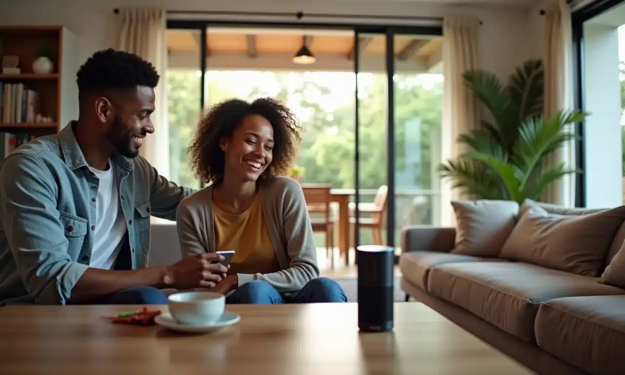 Casal aproveitando casa inteligente controlada por Alexa.