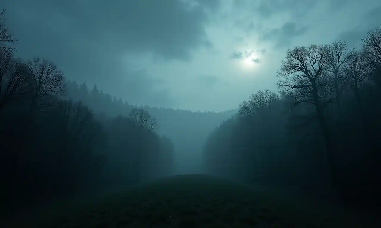 Cena atmosférica e sombria de Robin Hood Hills ao entardecer, representando o documentário 'Paradise Lost'.