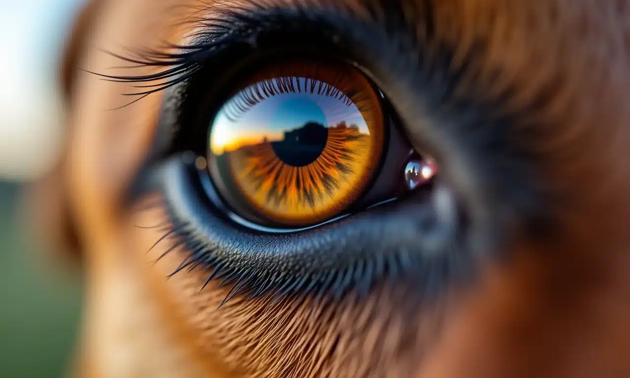 Close-up do olho de um cachorro refletindo uma paisagem colorida e borrada, ilustrando a acuidade visual canina.