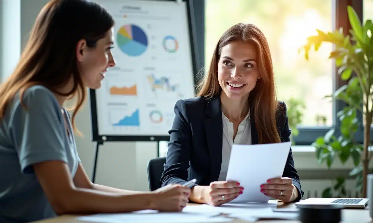 Consultor financeiro explicando sobre Fundos DI para uma cliente em um escritório.