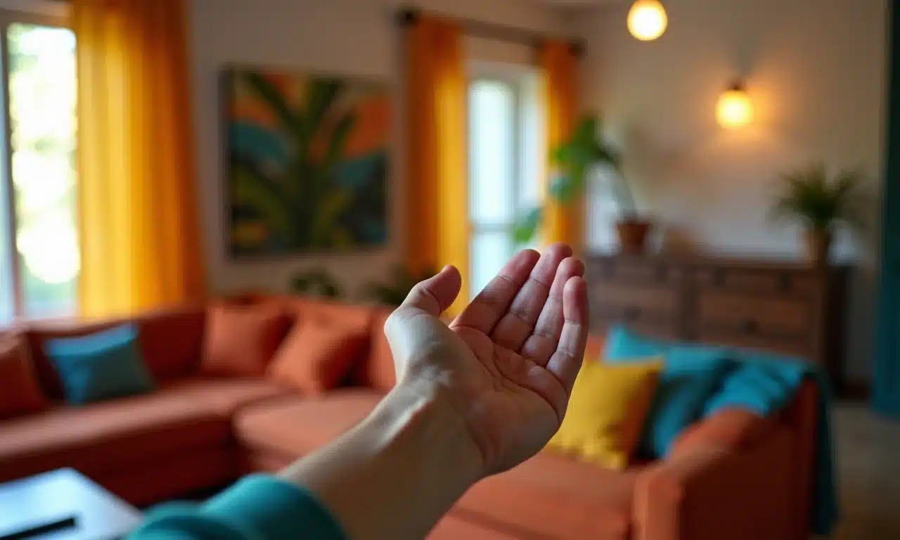 Controlando lâmpadas inteligentes com Alexa em sala colorida.