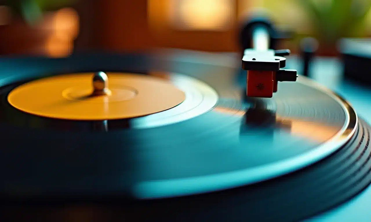 Disco de vinil girando repetidamente, ilustrando o poder da repetição na música.