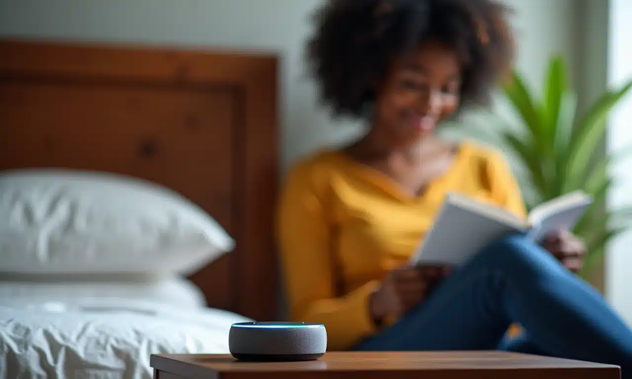 Echo Dot em mesa de cabeceira com mulher lendo ao fundo.
