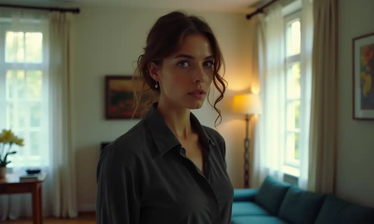 Esther Shapiro (Shira Haas) determinada na série Unorthodox em um apartamento moderno em Berlim.