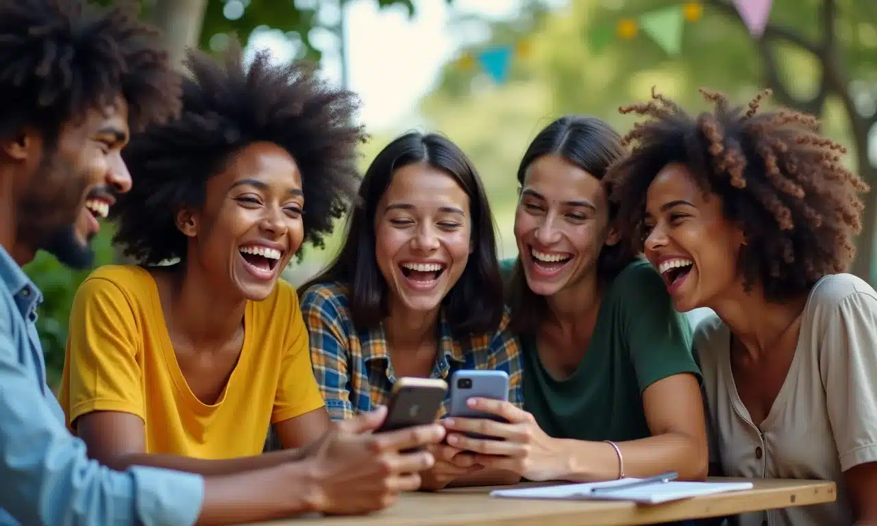 Grupo de amigos brasileiros rindo juntos assistindo a um dorama.