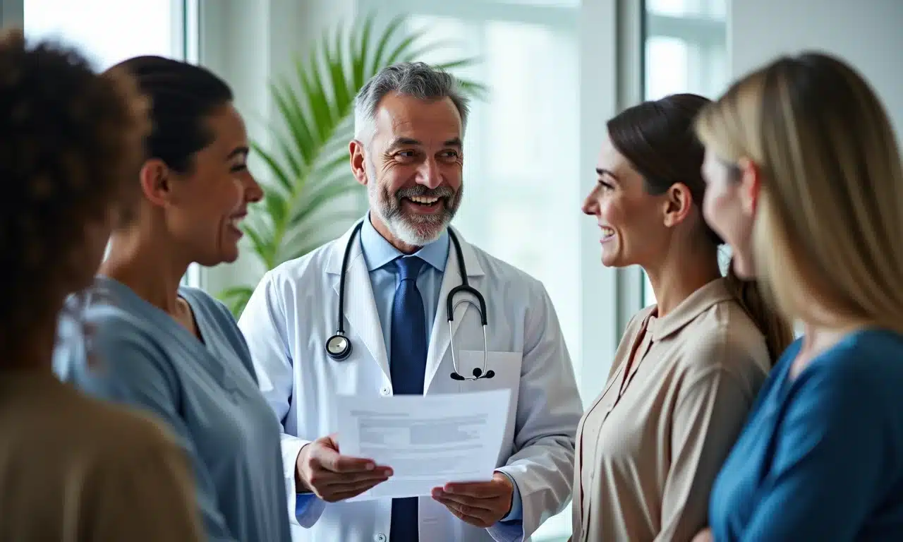 Grupo diverso de pessoas em consultório médico moderno, ouvindo explicação sobre tratamento.