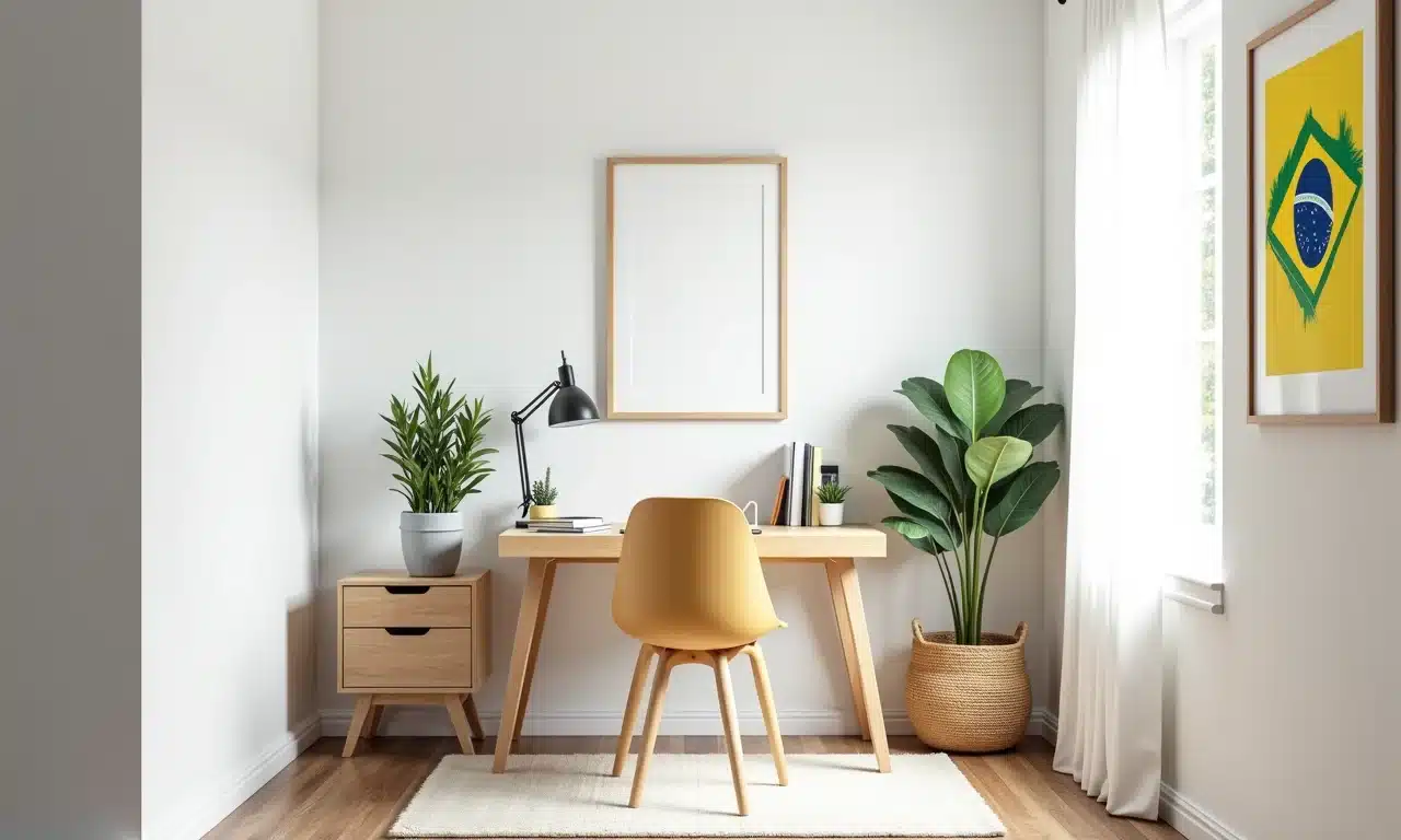 Home office pequeno com paredes claras e decoração vibrante.