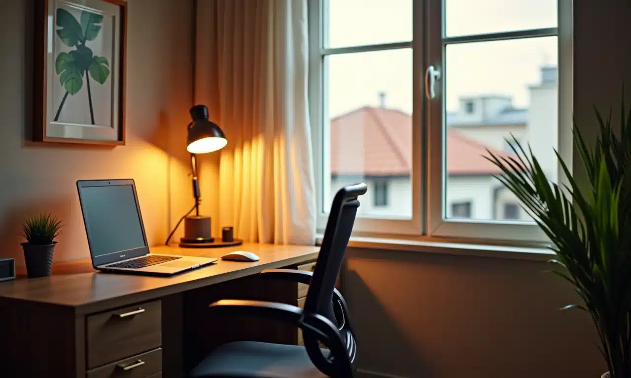 Iluminação adequada em um home office pequeno com luminária de mesa e luz natural.