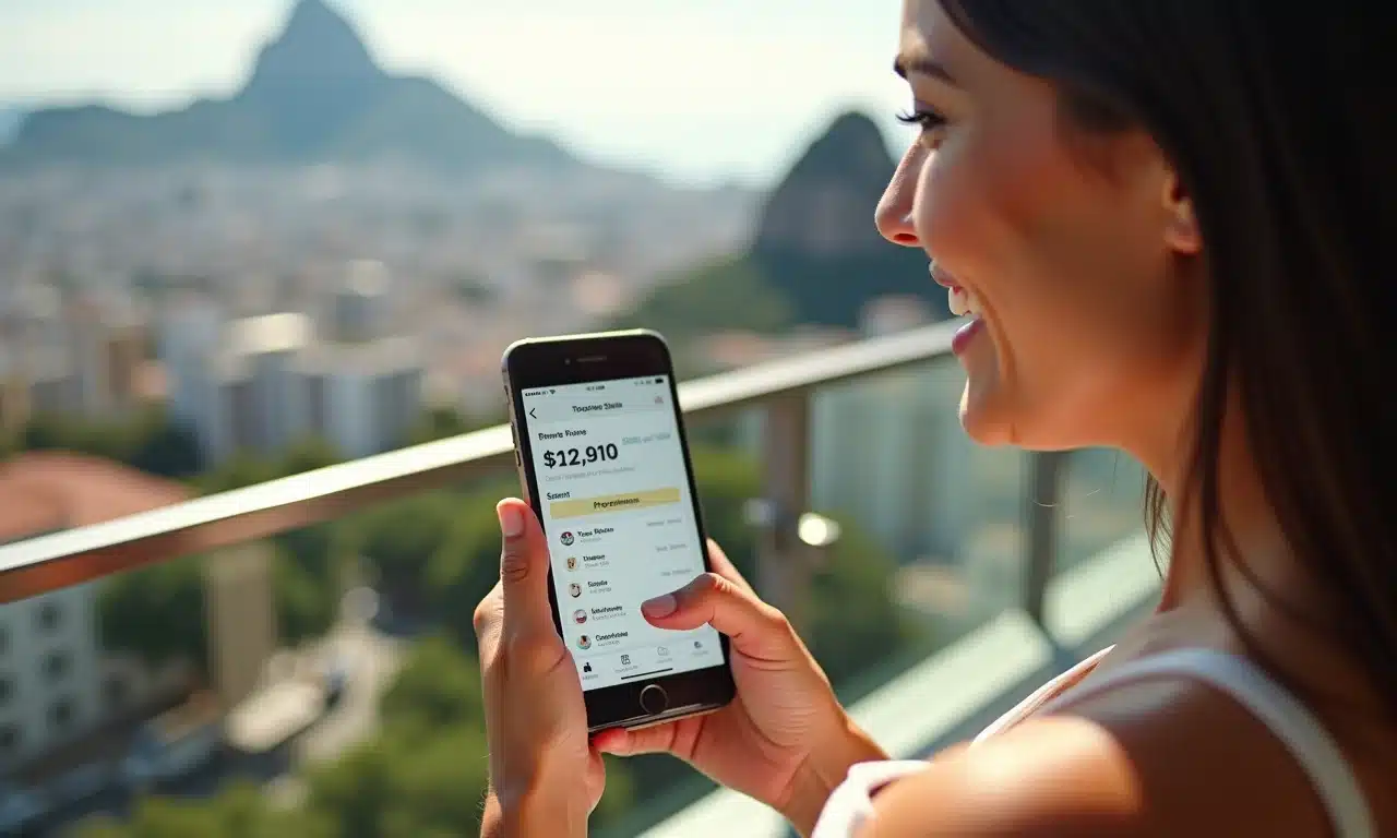 Interface do Tesouro Selic em um celular, com o Rio de Janeiro ao fundo, representando segurança e liquidez.