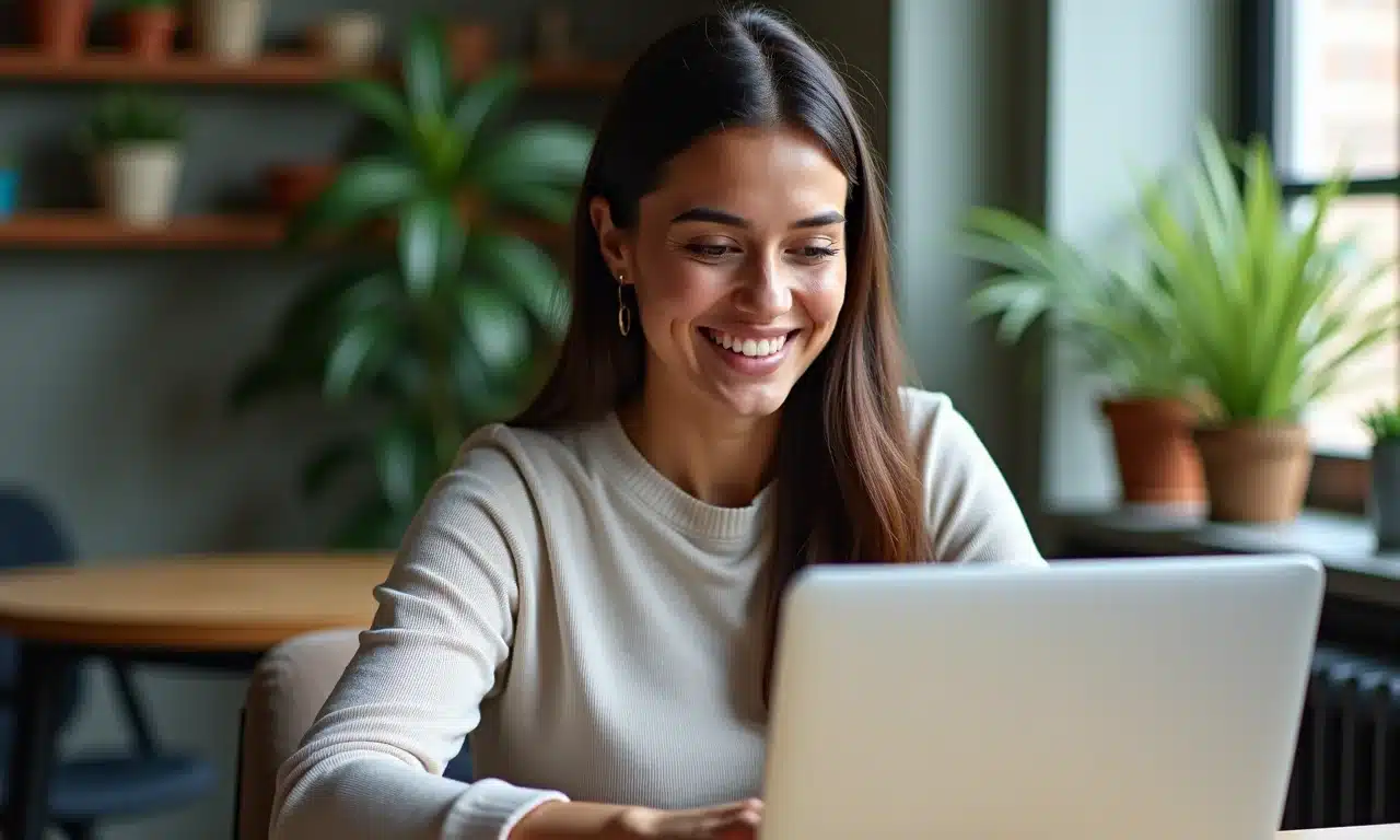 Jovem brasileira sorrindo ao se cadastrar no Cadastro Positivo online.