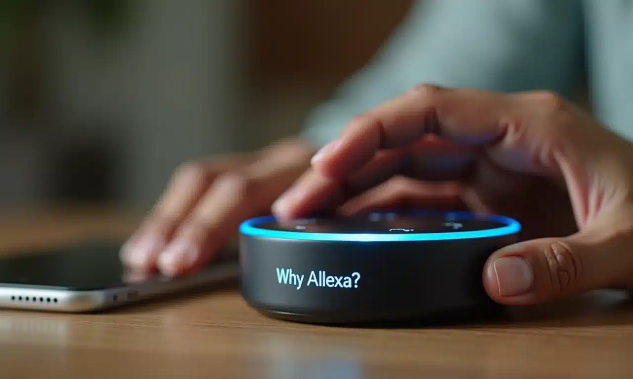 Mão interagindo com Alexa, com texto 'Por Que Alexa?' ao fundo.