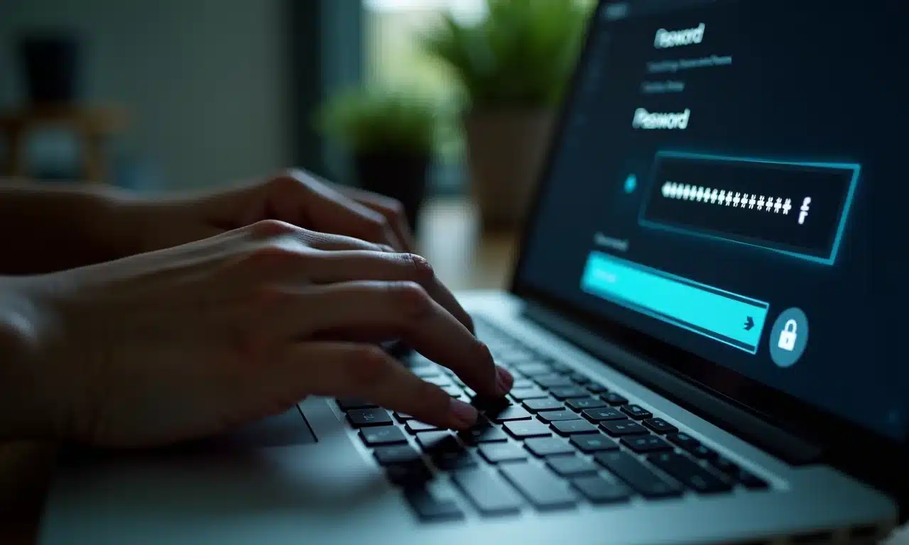 Mãos digitando frase transformada em senha, cadeado de segurança surge.