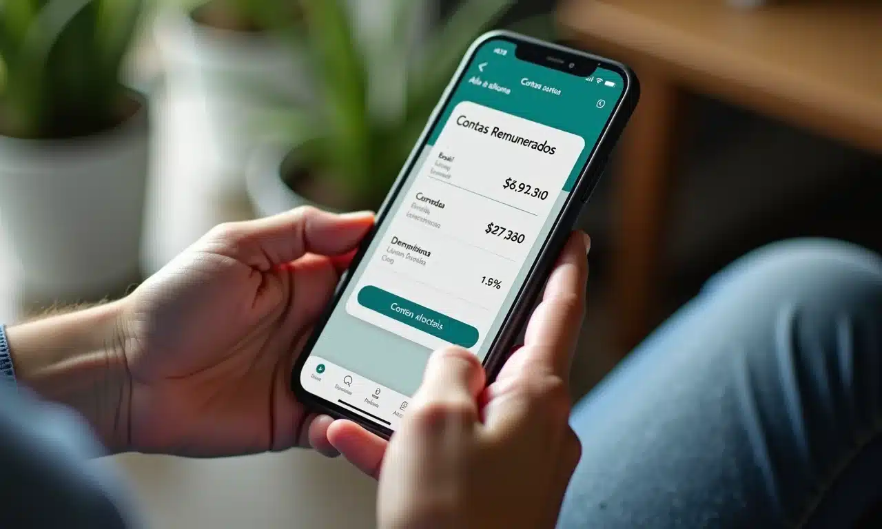 Mãos usando um smartphone com aplicativo bancário mostrando contas remuneradas, com reais visíveis.