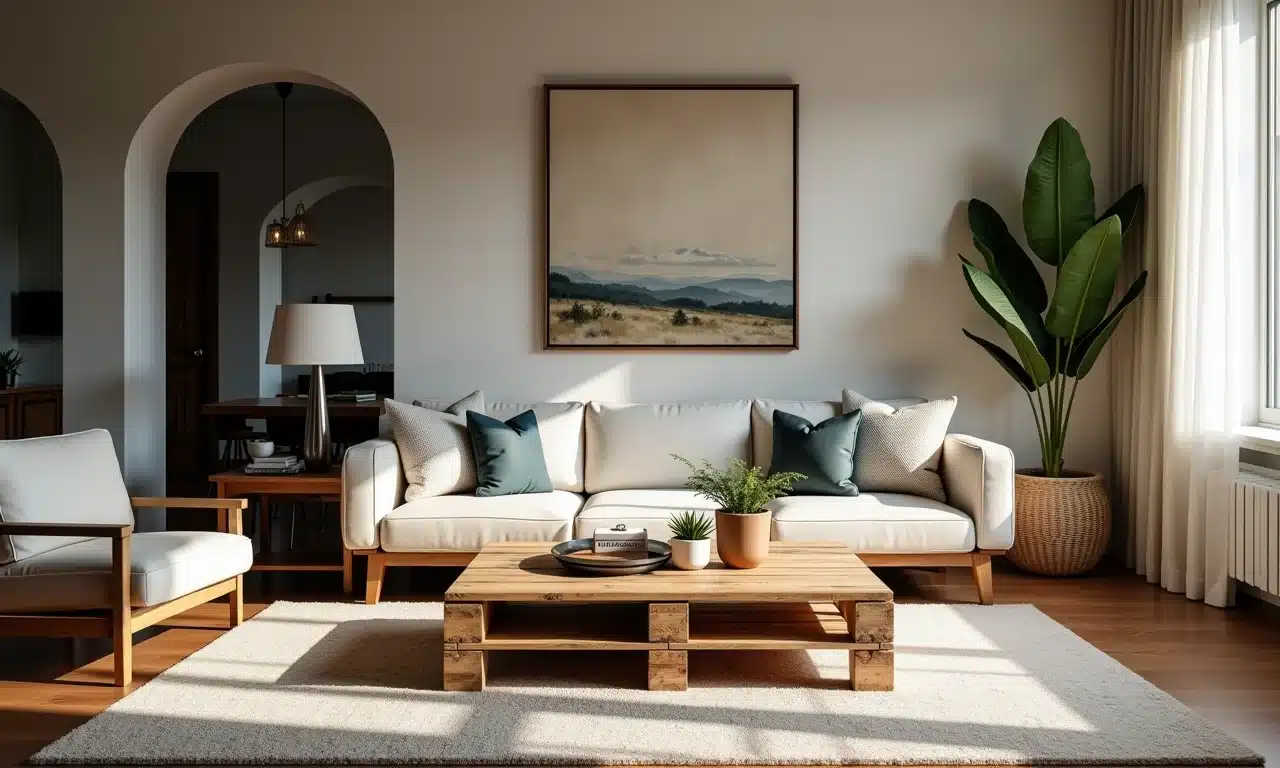 Mesa de centro de paletes em sala moderna com homem em pé.