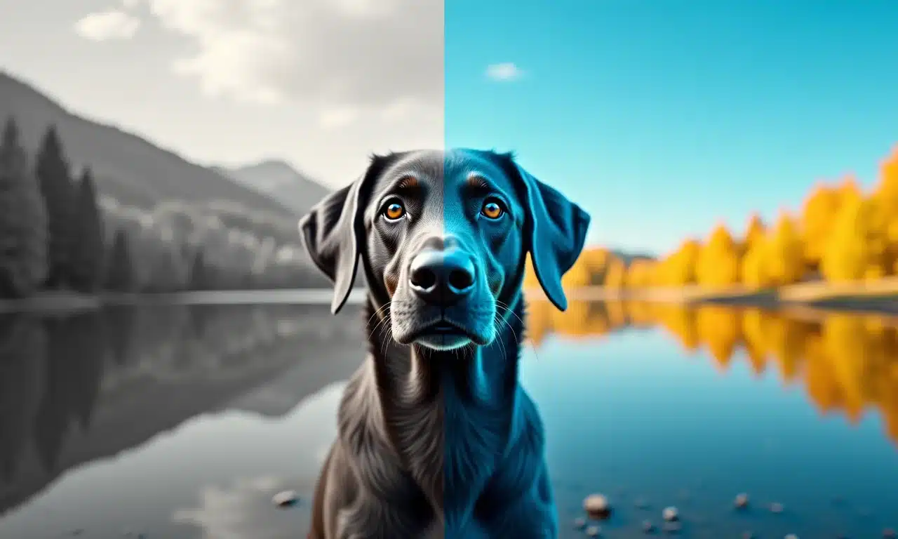 Montagem ilustrando a visão canina com cores (azul e amarelo) versus o mito da visão em preto e branco.