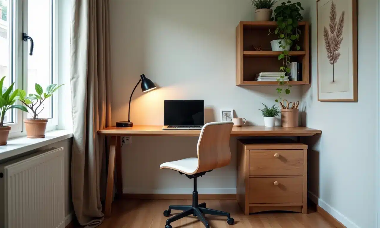Móvel multifuncional que se transforma em mesa em um home office pequeno.
