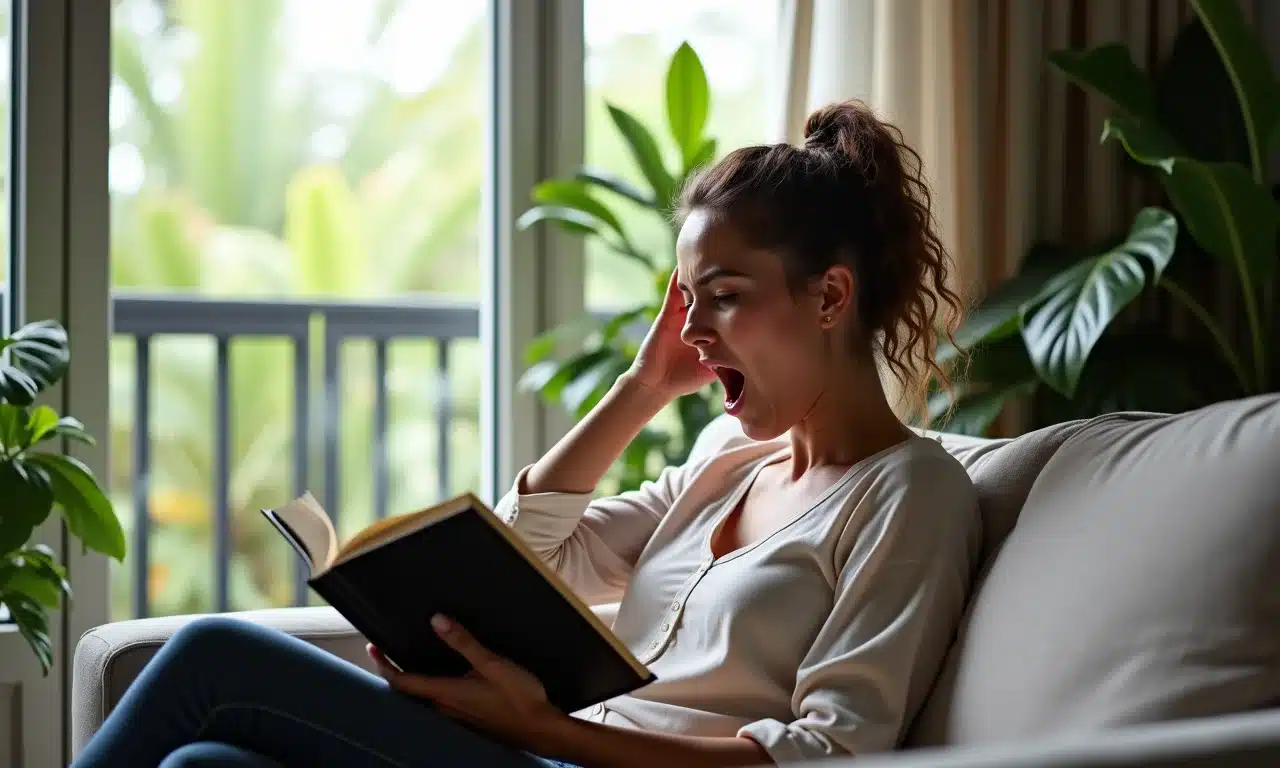 Mulher adulta boceja lendo um livro, com plantas e luz natural, representando a contagião do bocejo.