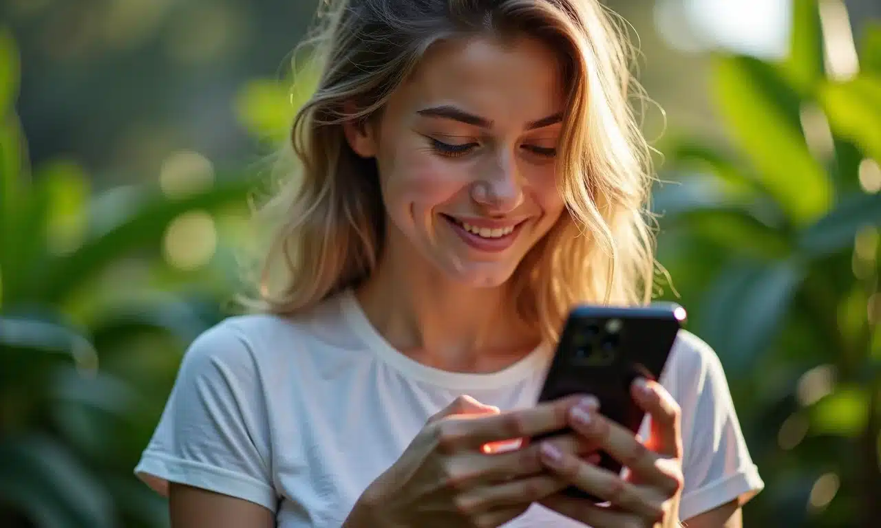Mulher analisando opções de memória RAM e armazenamento de celular online