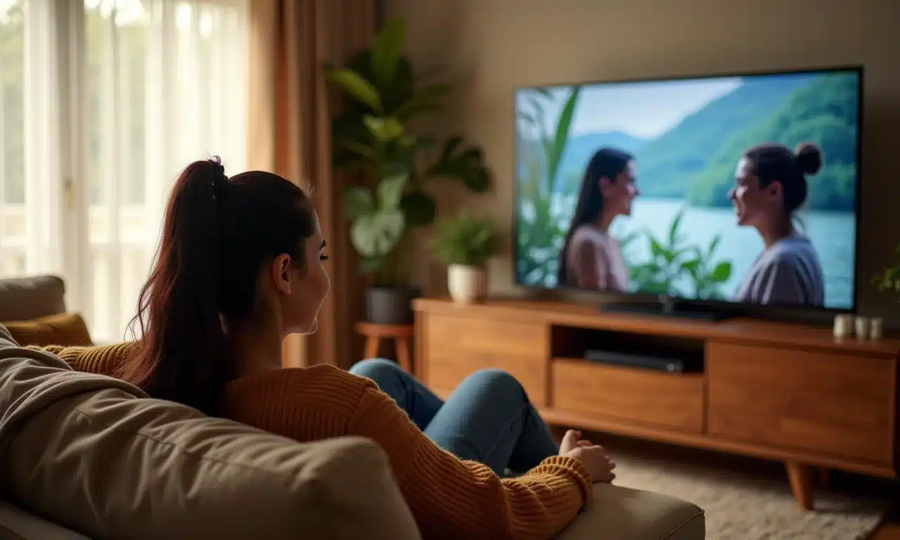 Mulher assistindo a um dorama na TV com facilidade e conforto.