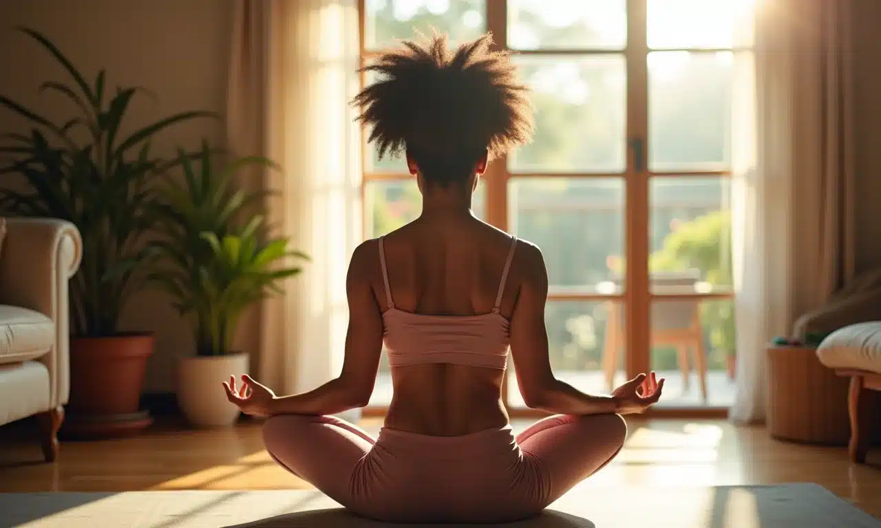 Mulher atenta ao seu corpo durante prática de yoga e jejum.