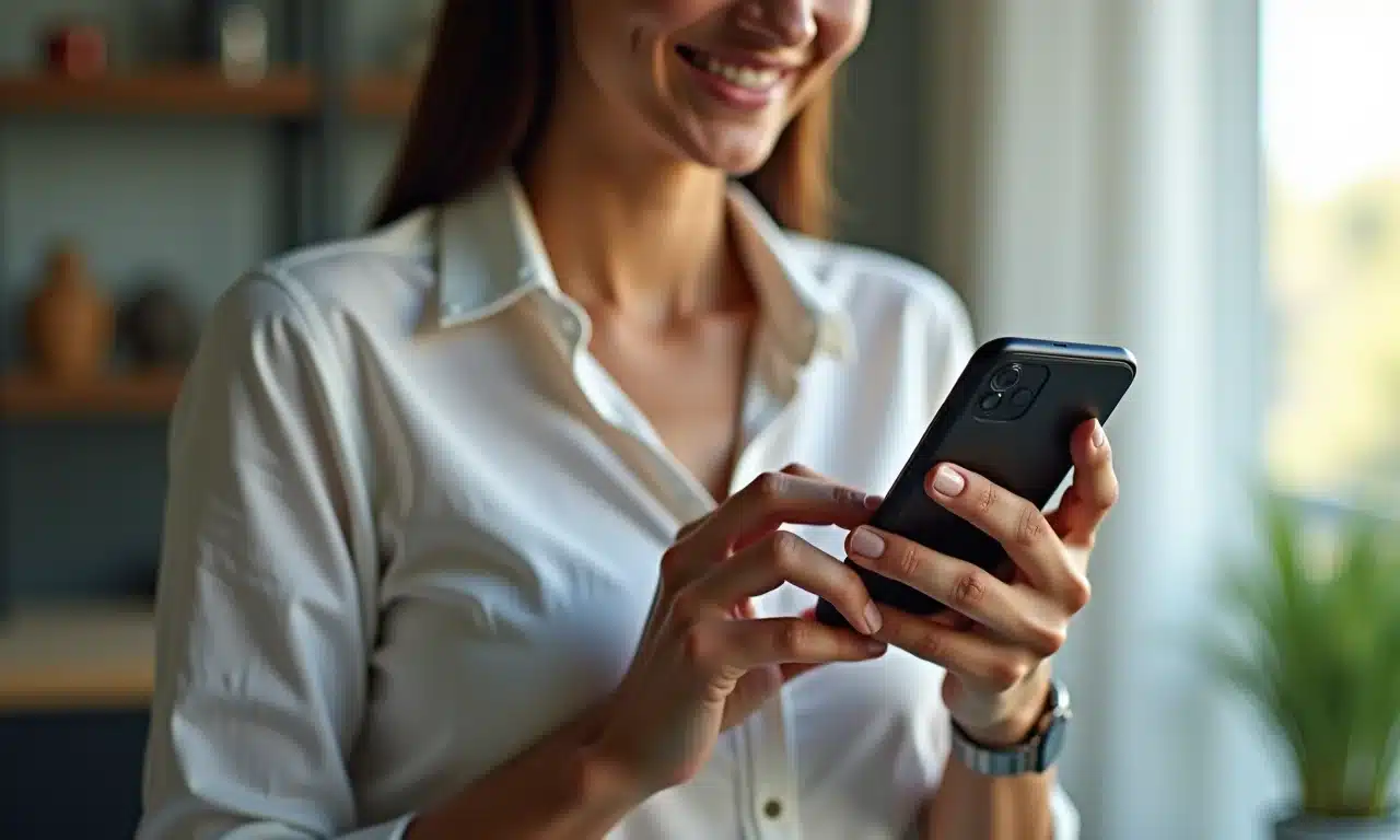 Mulher atualizando seus dados cadastrais no celular, garantindo um score de crédito preciso.