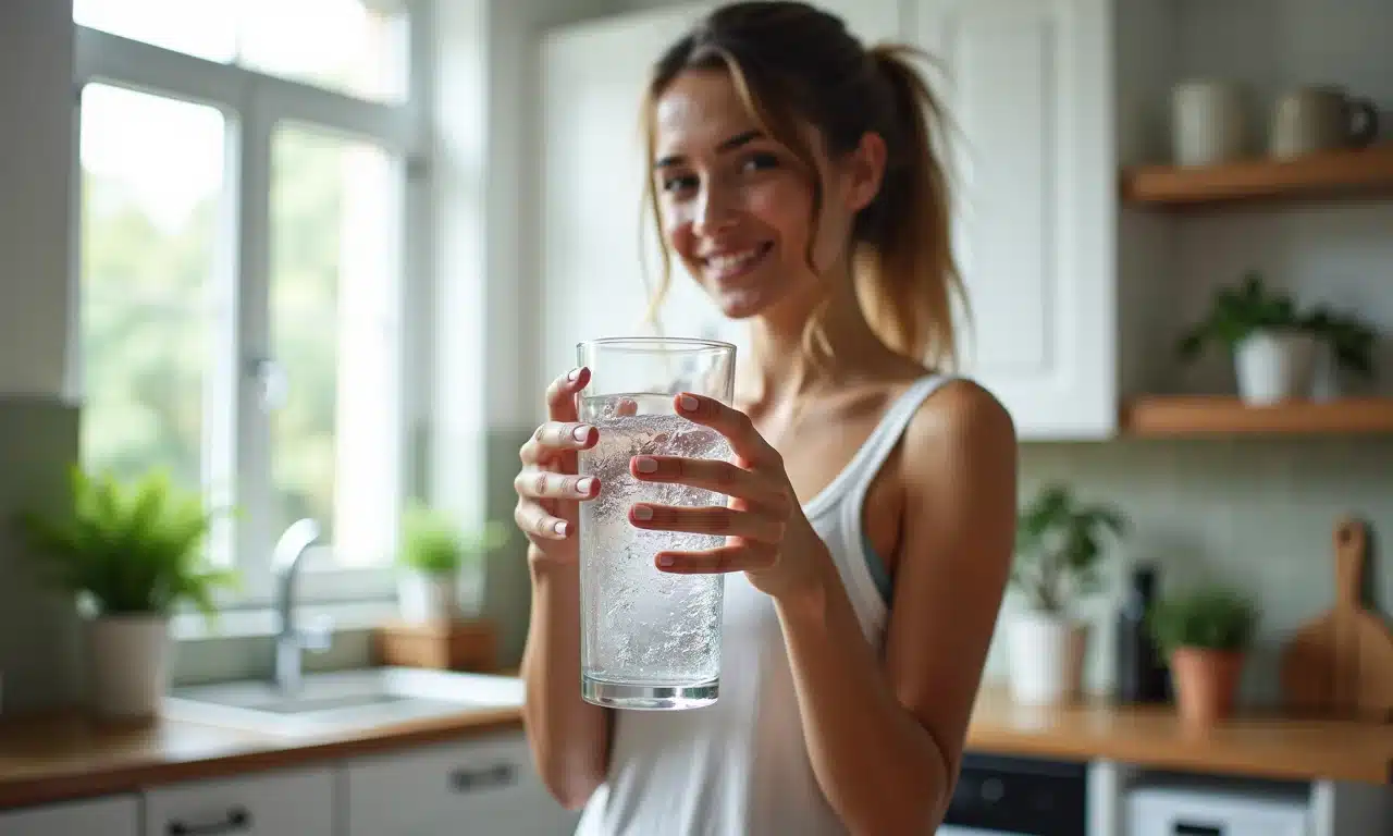 Mulher bebendo água em cozinha brasileira ensolarada.