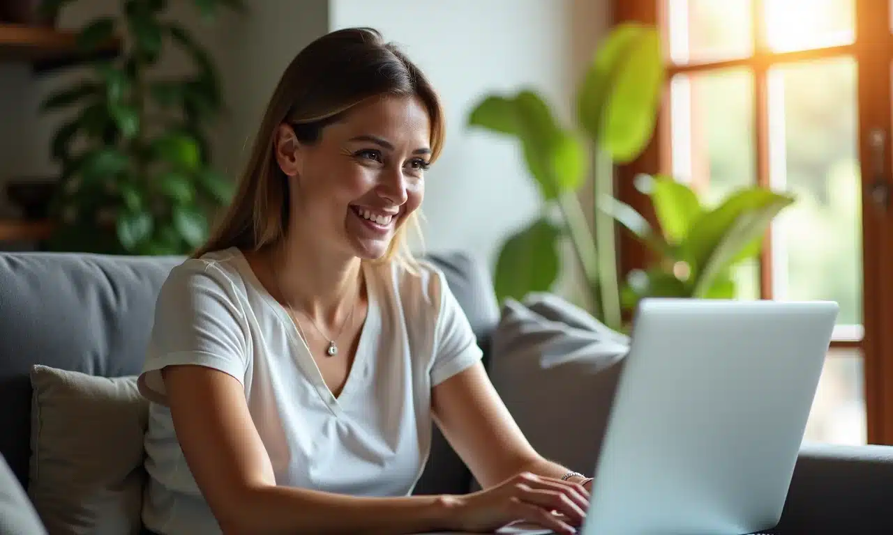 Mulher brasileira pagando contas online em dia para manter seu score de crédito.