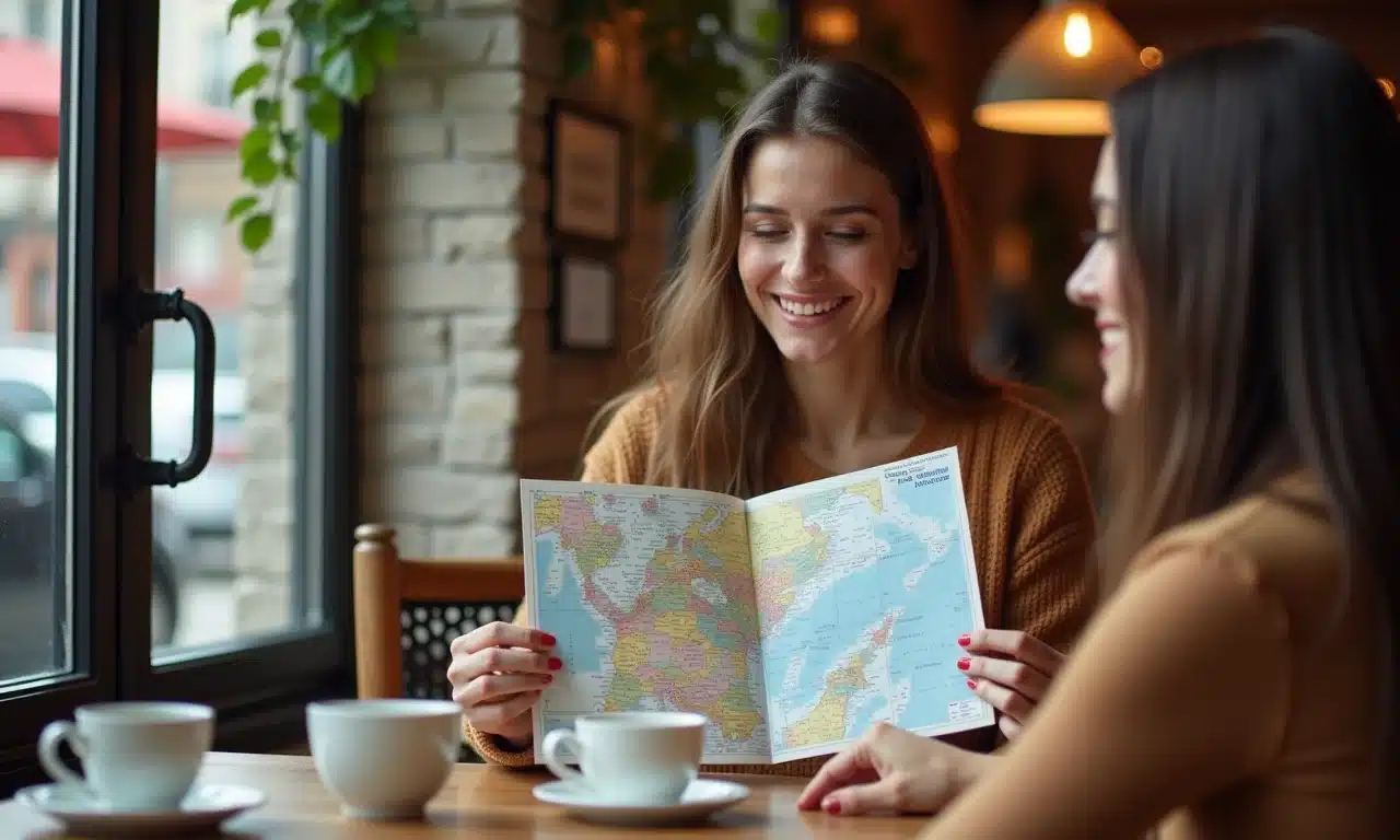Mulher compartilhando roteiro de viagem com amiga em café.