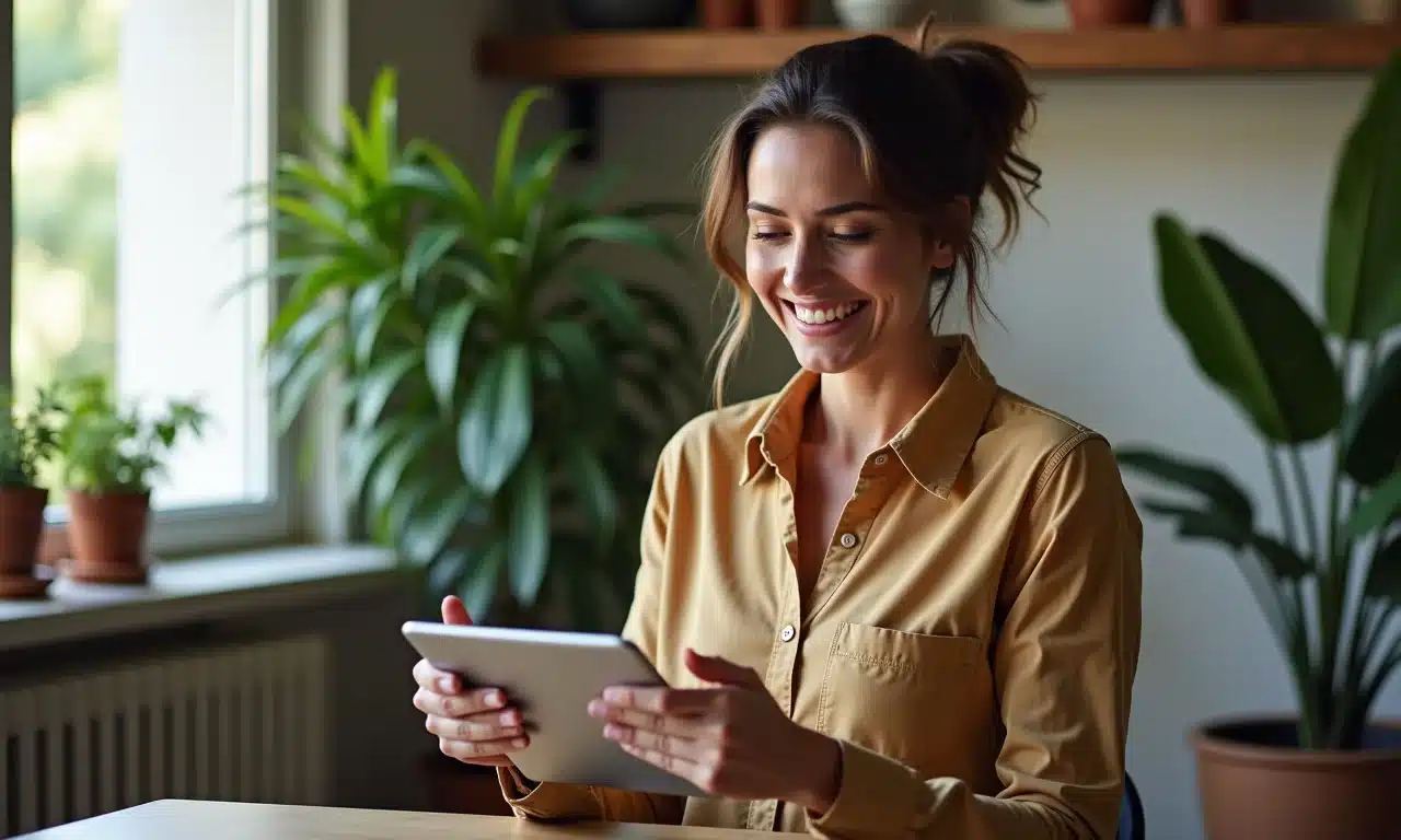Mulher confere rentabilidade de CDBs de bancos digitais em tablet.