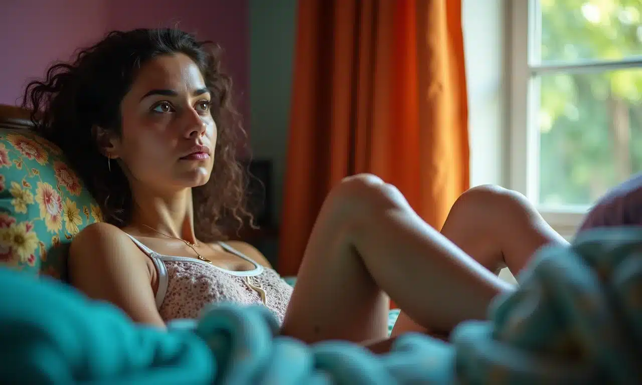 Mulher confusa ao acordar, sentindo-se presa em seu corpo, durante um episódio de paralisia do sono.