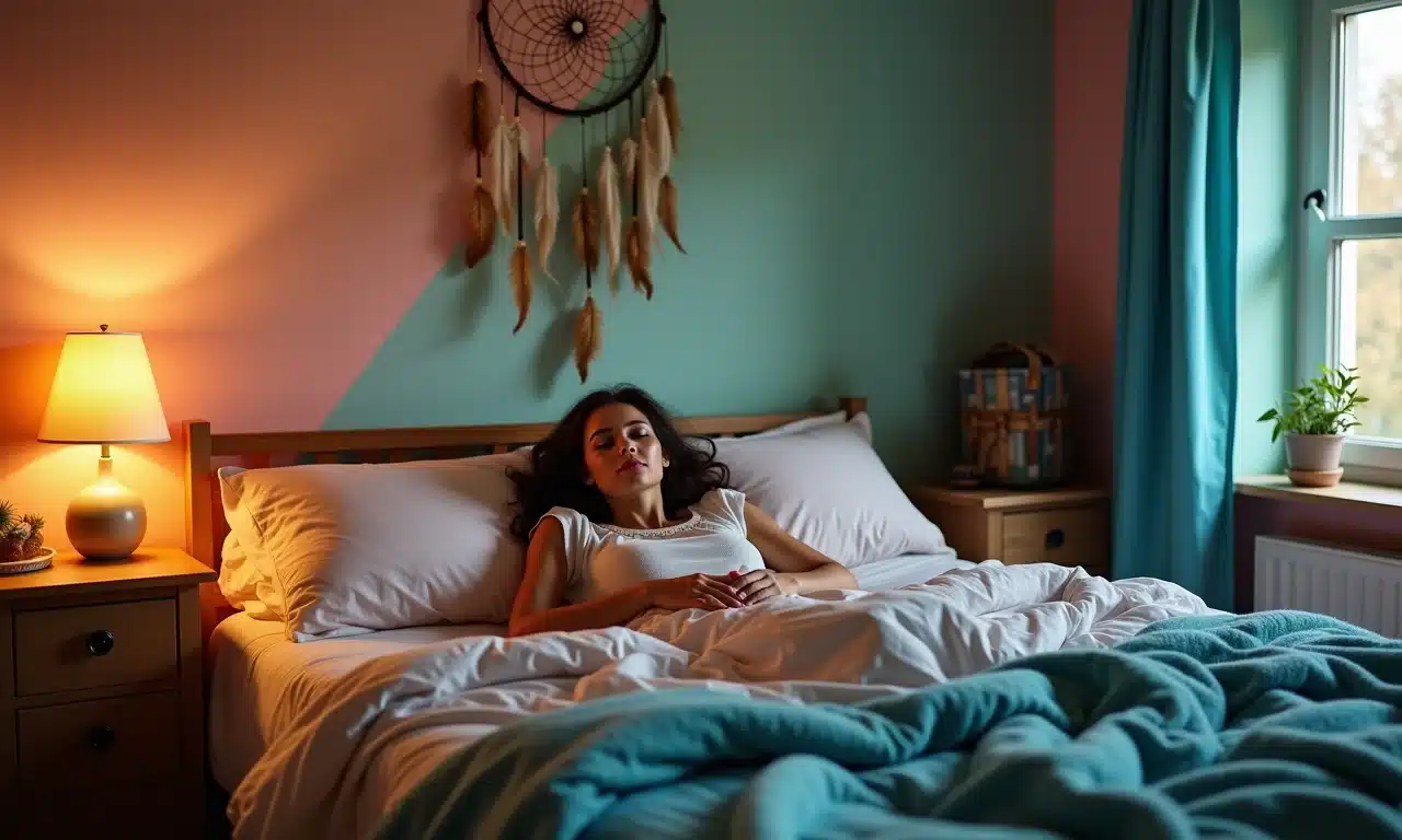Mulher dormindo tranquilamente em um quarto colorido, com filtro dos sonhos protetor sobre a cama.