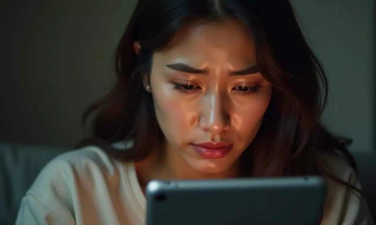 Mulher emocionada assistindo a um dorama no tablet.