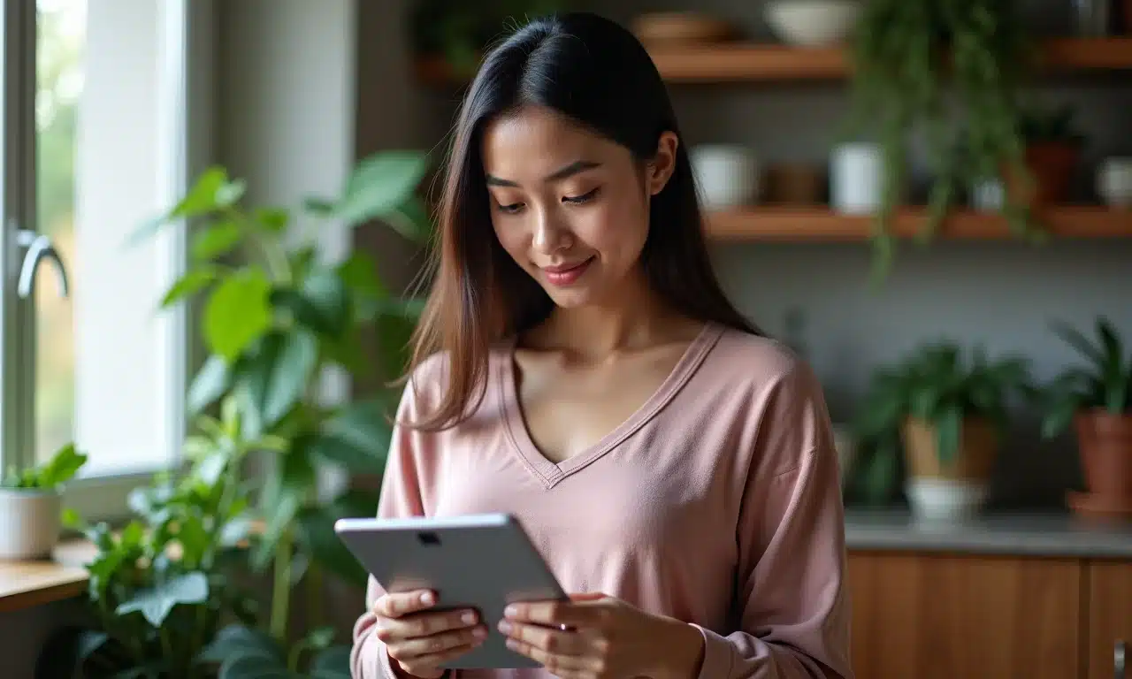 Mulher escolhendo método de jejum intermitente em tablet.