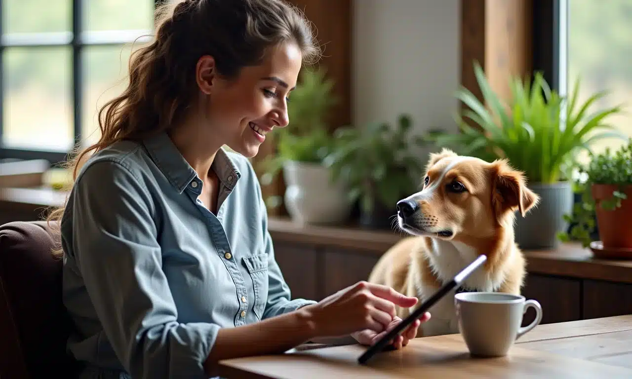 Mulher lendo política de animais de estimação da companhia aérea em tablet com cachorro ao lado.