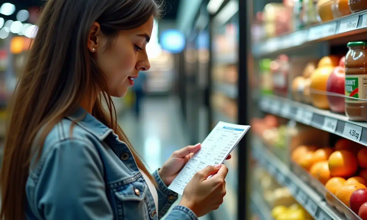Mulher lendo rótulo de alimento para verificar o sódio.