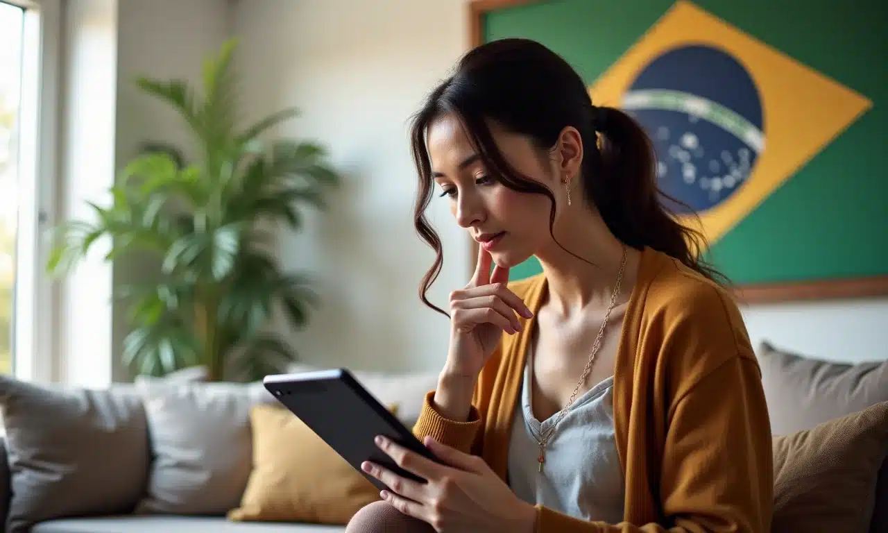 Mulher navegando opções de streaming em tablet, ambiente moderno com arte brasileira.