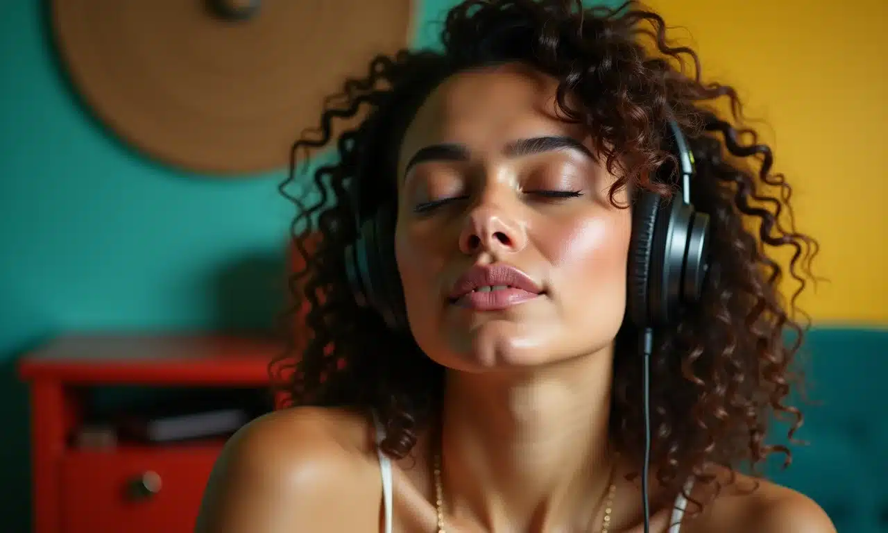 Mulher ouvindo música, com expressão nostálgica.