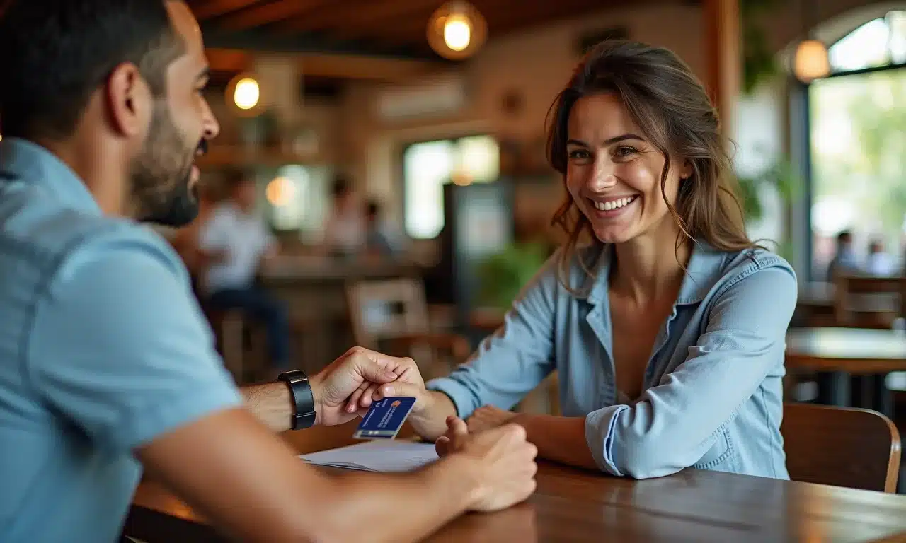 Mulher pagando conta em café com cartão de crédito, acumulando milhas em cada compra.
