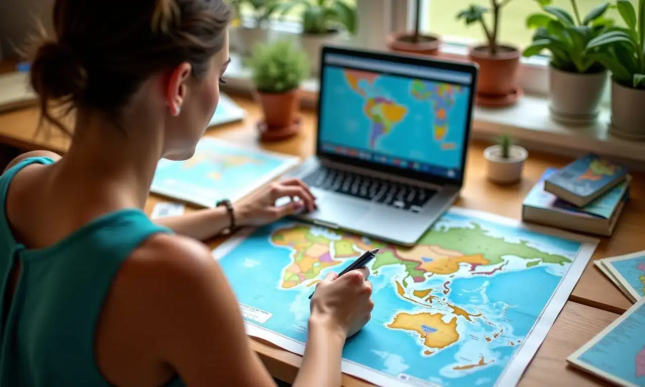 Mulher planejando viagem com mapas e guias em mesa colorida.