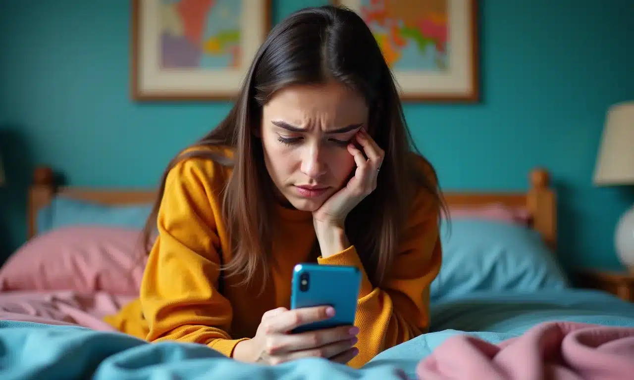 Mulher preocupada pesquisando sobre saúde mental no celular, com fundo desfocado de quarto.
