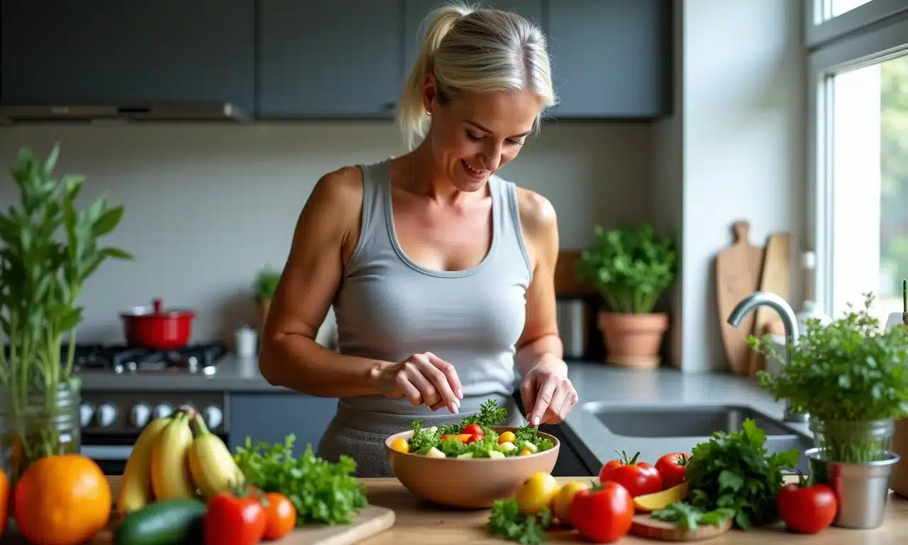 Mulher preparando salada nutritiva durante o jejum intermitente.