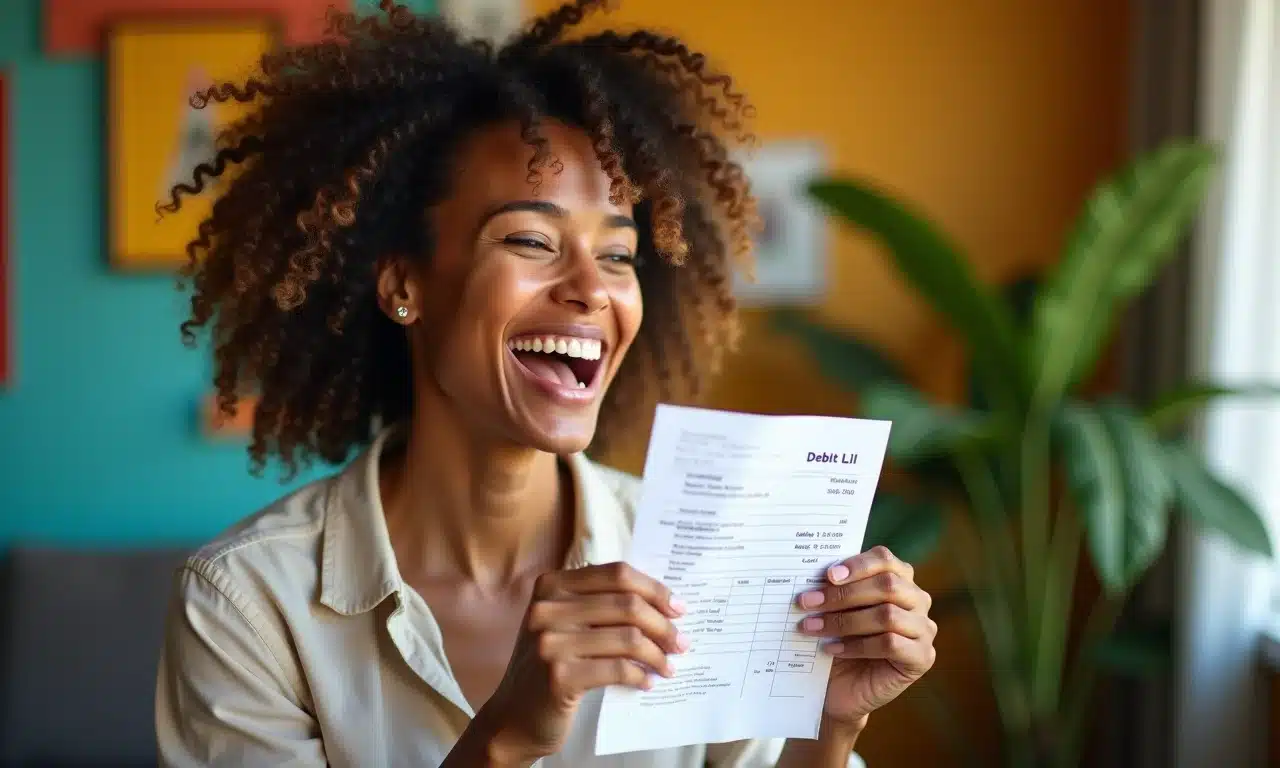 Mulher sorrindo aliviada ao se livrar de uma conta de dívida.