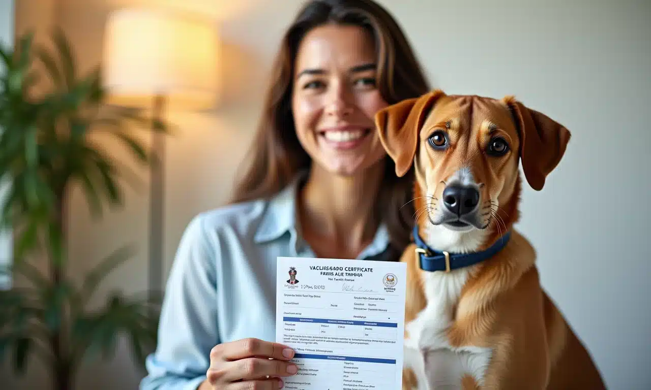 Mulher sorrindo segurando passaporte do pet e certificado de vacinação.