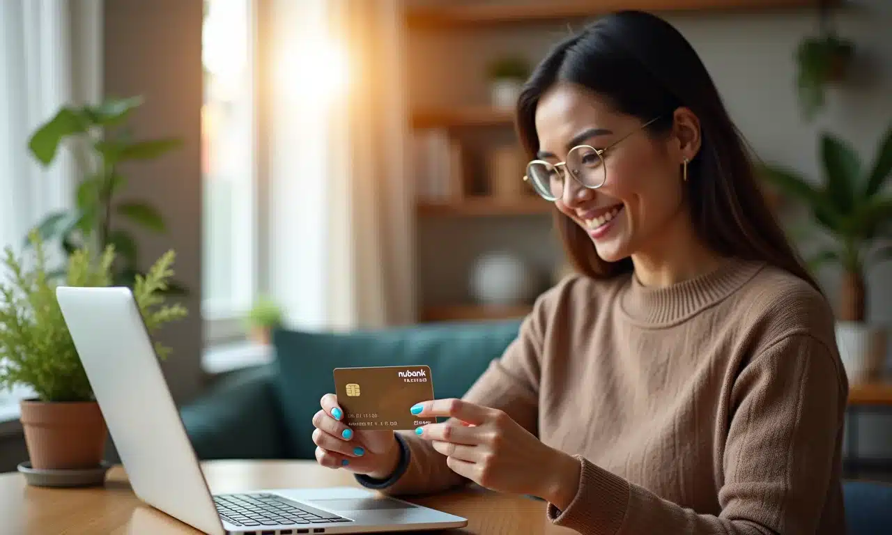 Mulher usando cartão Nubank para compras online em apartamento decorado.
