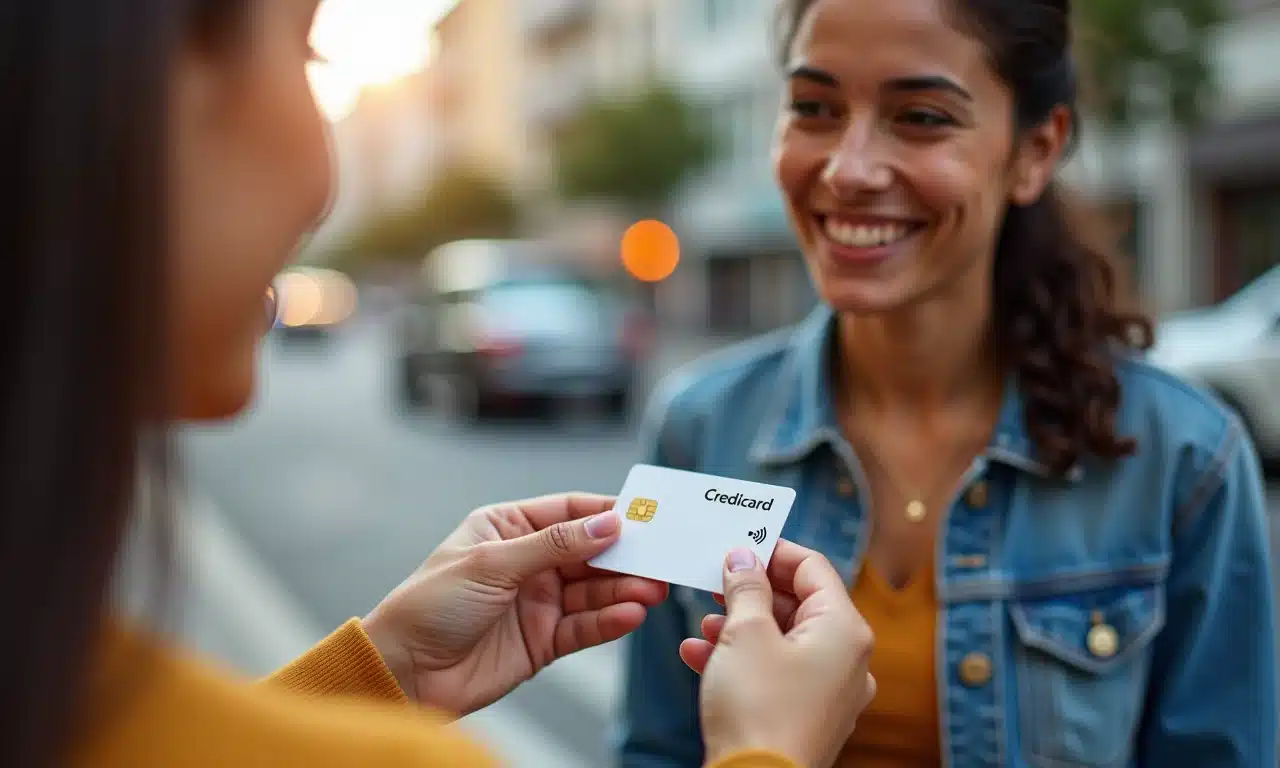 Mulher usando Credicard On! para pagamento por aproximação em ambiente urbano.