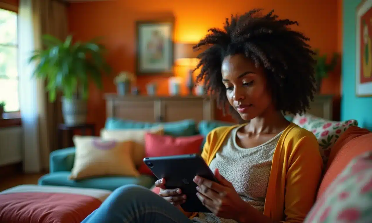 Mulher usando Netflix em apartamento colorido.